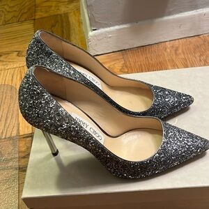Jimmy Choo Romy 100 Navy/Silver Ombré Glitter with silver Pump.